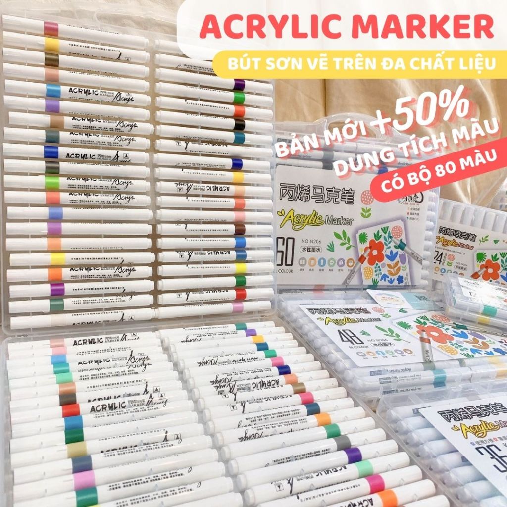 Bút Màu Acrylic Marker Vẽ Đa Chất Liệu Bộ 24/36/48/60/80 - Bút Sơn Không Trôi Ding Ding Hu