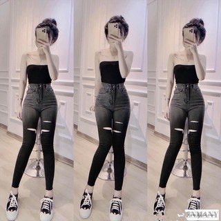 Quần jean ôm loang rách phối màu cho nữ