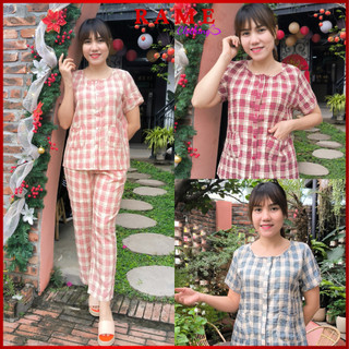 Bộ đồ mặc nhà đồ ngủ nữ cộc tay kẻ caro rame cothing chất cotton mềm mại thoáng mát