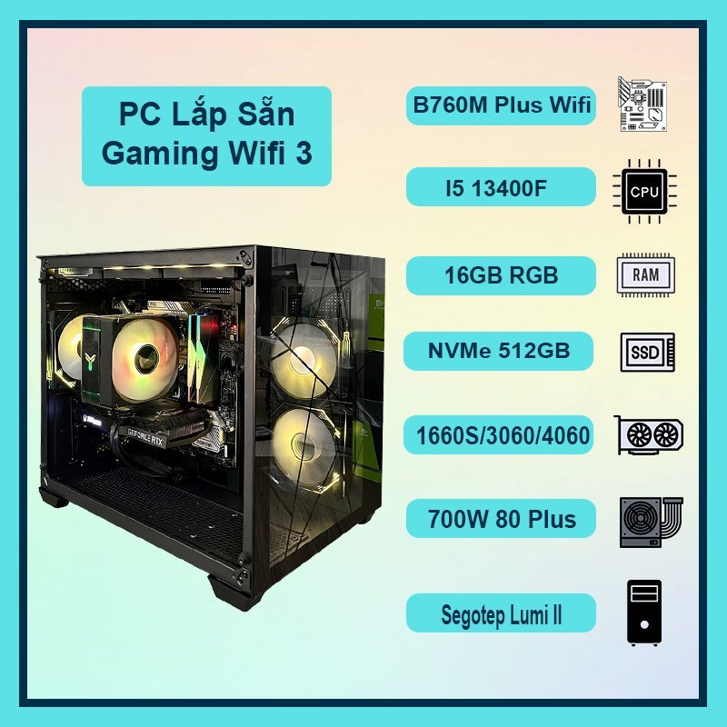 Thùng PC Gaming Wifi 3 I5 13400F, 16GB Ram RGB, VGA 1660S/3060/4060 (Mới, BH 36T)