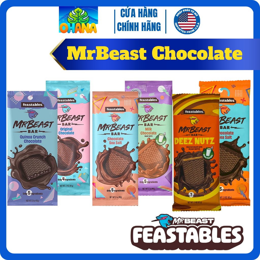 Kẹo socola mrbeast - chocolate mr beast bản giới hạn - Kẹo Socola Mỹ Feastables MrBeast Chocolate Bar 60g  [tặng đá Gel]