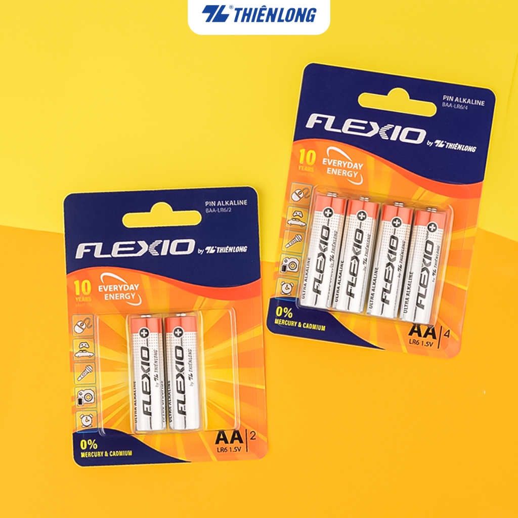 Vỉ 2/4 Pin Alkaline AA Thiên Long Flexio, Không chứa Thủy Ngân an toàn và thân thiện, hạn sử dụng 10 năm
