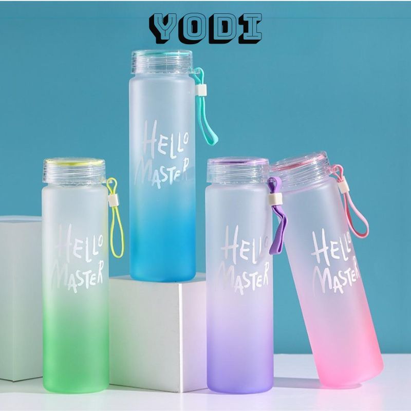 Bình Thủy Tinh Hello, Chai Đựng Nước Cán Màu Mờ Siêu Dễ Thương Nắp Có Quai Treo Tiện Dụng, Bình Nước In Chữ Hello Master