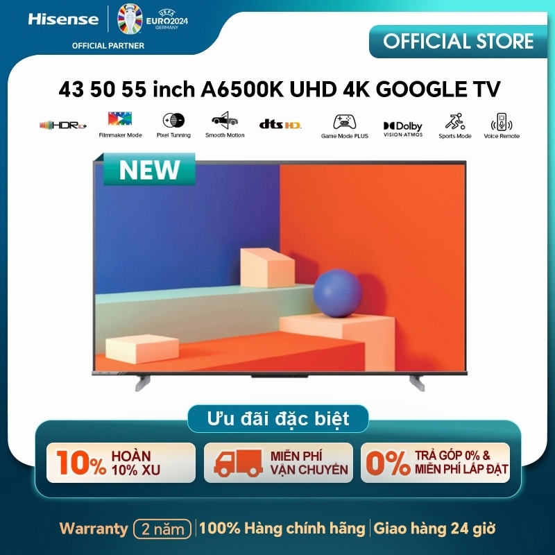 Hisense Google Tivi  43" 50" UHD 4K HDR TV A6500K Dolby Vision Atmos Điều khiển giọng nói từ xa - Bảo hành 2 năm