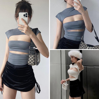 Áo Kiểu, Áo Kiểu Nữ Cổ Trụ Kiểu Dáng Khoét Ngực Cá Tính Màu Xám Tro Gợi Cảm - Tiemdonhamay