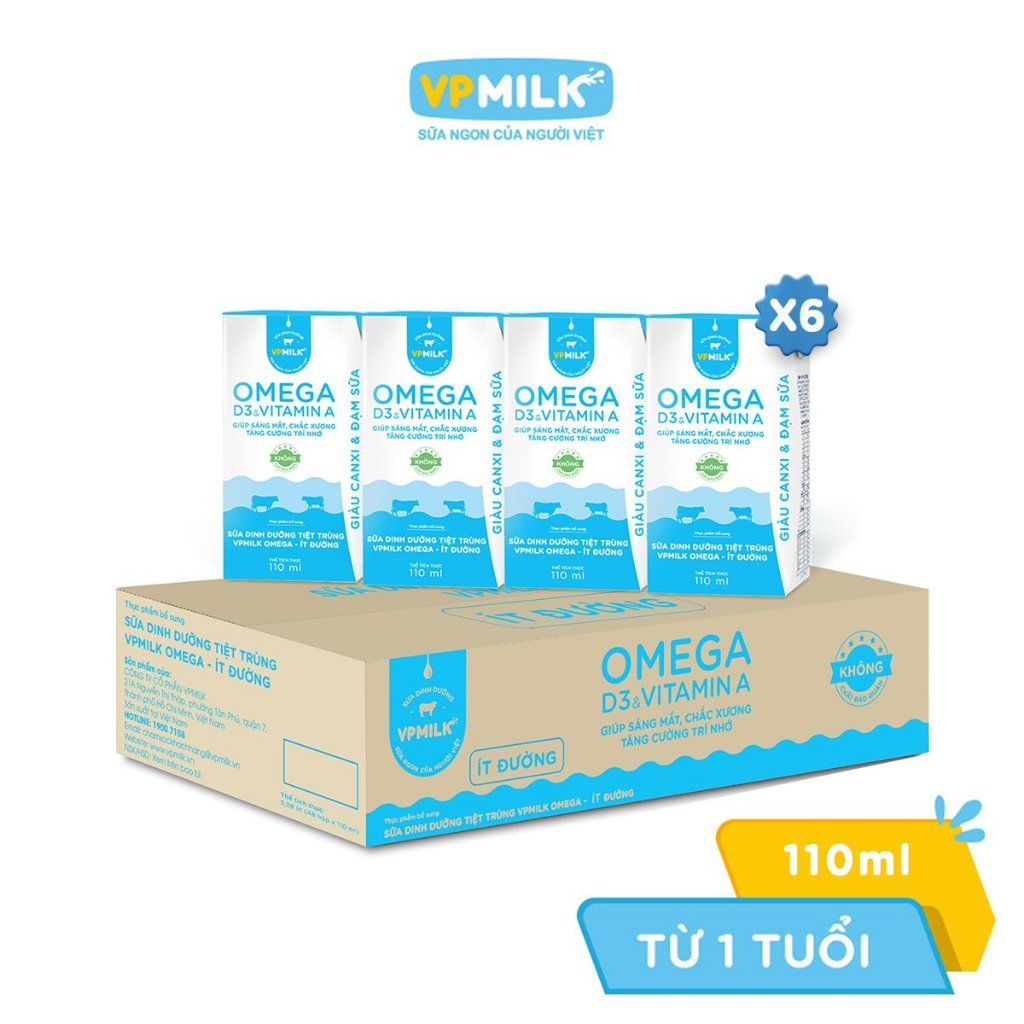[6 LỐC TỔNG 24 HỘP x 110ml] Sữa pha sẵn dinh dưỡng VPMilk Omega ÍT ĐƯỜNG sáng mắt, chắc xương, năng 