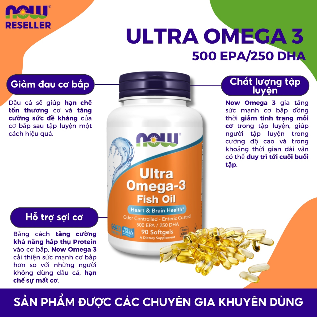 Dầu cá Omega 3 Ultra NOW 500 EPA 250 DHA bổ mắt hỗ trợ sức khỏe tim mạch của Mỹ 90 viên