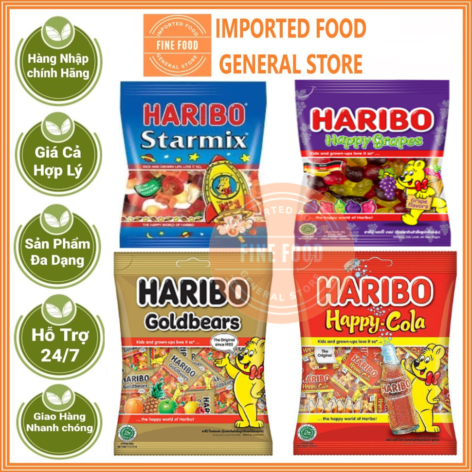 Kẹo dẻo Haribo Goldbears, Happy Cola, Star Mix, Happy Grapes 160g, 200g