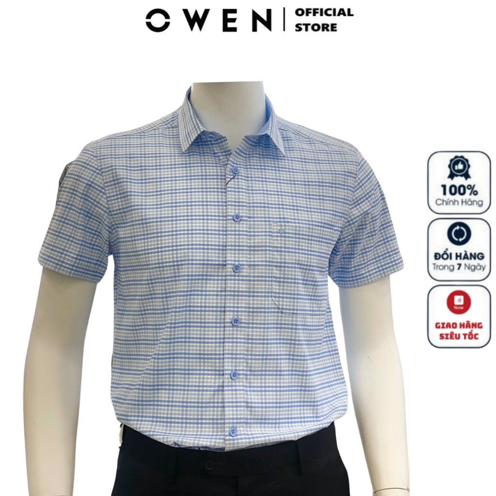 Áo sơ mi nam ngắn tay OWEN AB230295NT somi công sở màu xanh biển kẻ caro vải nano chống nhăn cao cấp dáng body fit