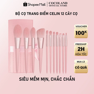  Bộ cọ trang điểm Celin 12 cây cọ cá nhân màu hồng lông thú mềm bám phấn cao cấp kèm túi - DR173 
