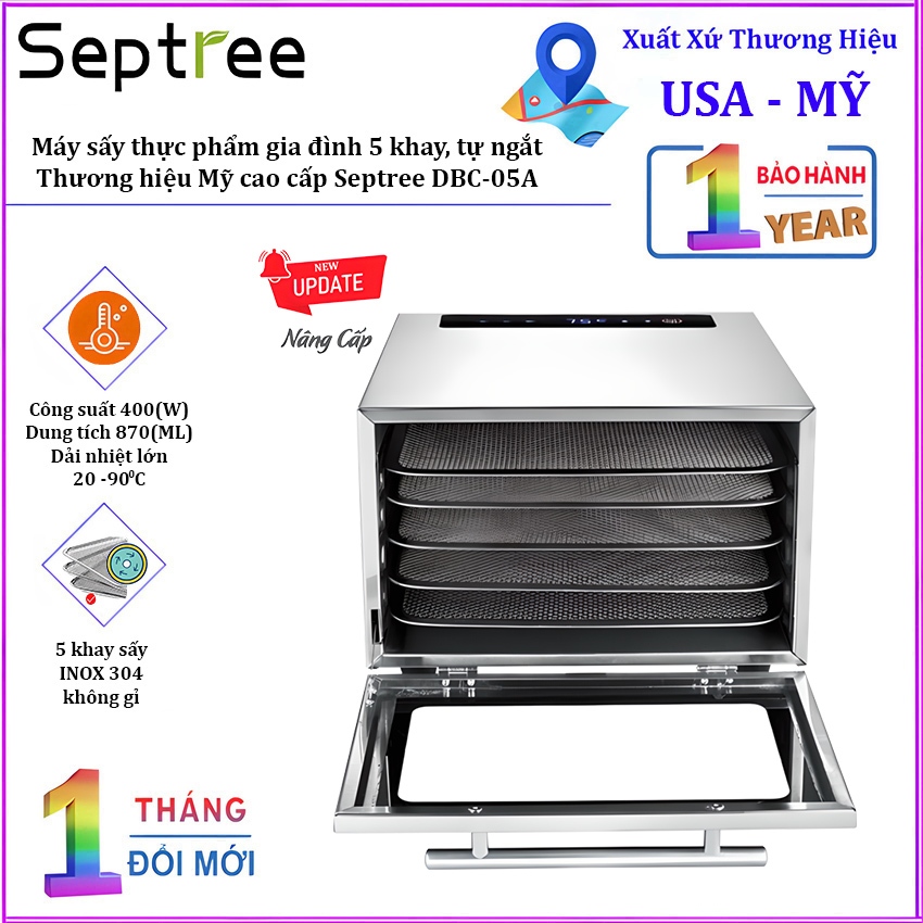 HÀNG CHÍNH HÃNG - Máy sấy thực phẩm gia đình 5 khay, hẹn giờ sấy khô tự ngắt. Thương hiệu Mỹ cao cấp Septree DBC-05A