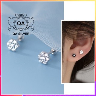 Khuyên tai bạc 925 hoa sáu cánh đính đá chốt bi vặn bông nữ S925 FLORA QA SILVER Earrings EA231207