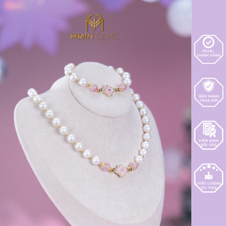 Combo vòng cổ & vòng tay pearl màu trắng 8li mmin gems blossom in love kết hợp với đá tường vi và thạch anh tóc vàng