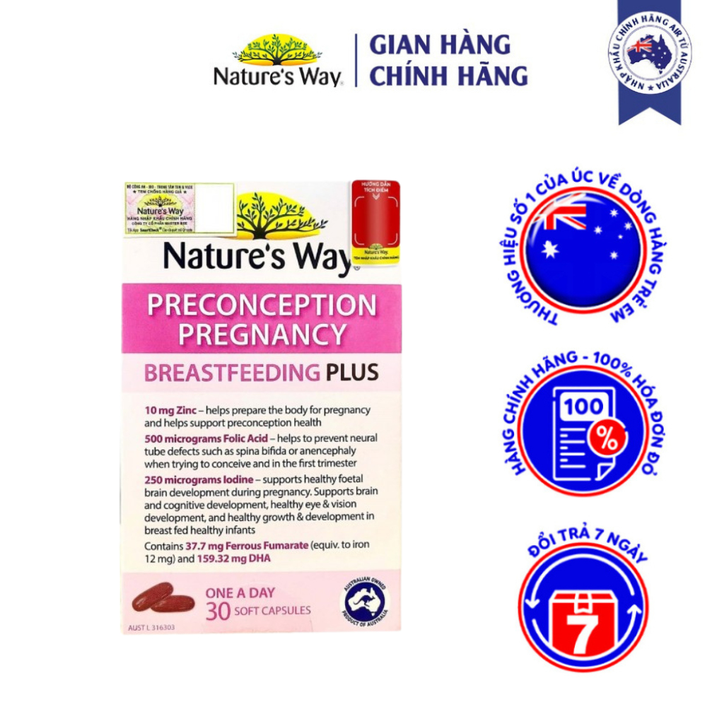 Viên Uống Bổ Sung Vitamin Tổng Hợp Cho Bà Bầu Nature's Way PreConception Pregnancy Breastfeeding Plus – Hộp 30 Viên