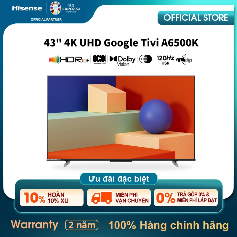 Hisense Google Tivi UHD 43 inch 4K HDR A6500K Smart TV Dolby Audio Điều khiển giọng nói từ xa - Bảo hành 2 năm