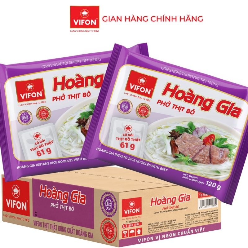 Thùng 18 Gói Phở Bò Hoàng Gia VIFON 120G Có Gói Thịt THẬT Kèm Theo