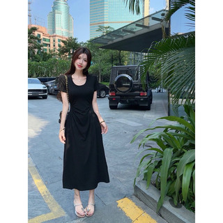 ĐẦM MIDI XOÈ NHÚN EO ĐEN TAY NGẮN