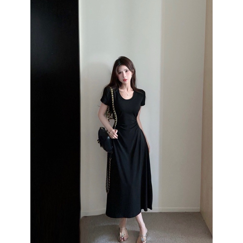 ĐẦM MIDI XOÈ NHÚN EO ĐEN TAY NGẮN