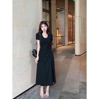 ĐẦM MIDI XOÈ NHÚN EO ĐEN TAY NGẮN