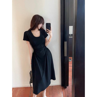 ĐẦM MIDI XOÈ NHÚN EO ĐEN TAY NGẮN