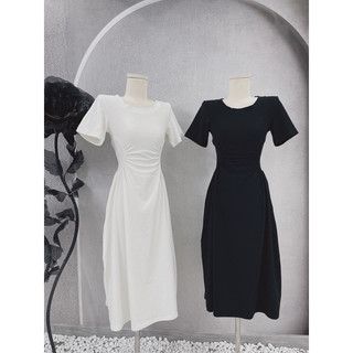 ĐẦM MIDI XOÈ NHÚN EO ĐEN TAY NGẮN