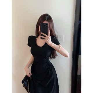 ĐẦM MIDI XOÈ NHÚN EO ĐEN TAY NGẮN