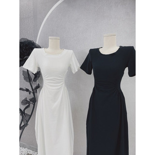 ĐẦM MIDI XOÈ NHÚN EO ĐEN TAY NGẮN