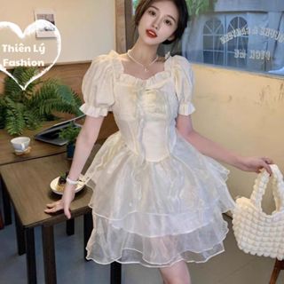 Váy xoè ba tầng phong cách tiểu thư bánh bèo đầm dự tiệc cổ vuông tay bồng nơ ngực xinh xắn [TLV5] Thiên Lý Fashion