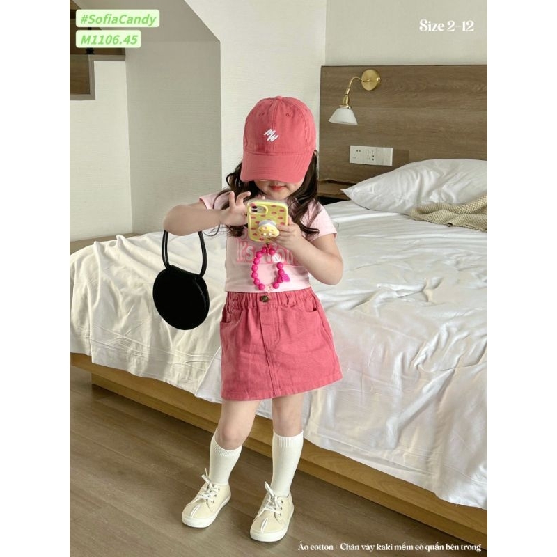 Set váy kaki hồng bé gái