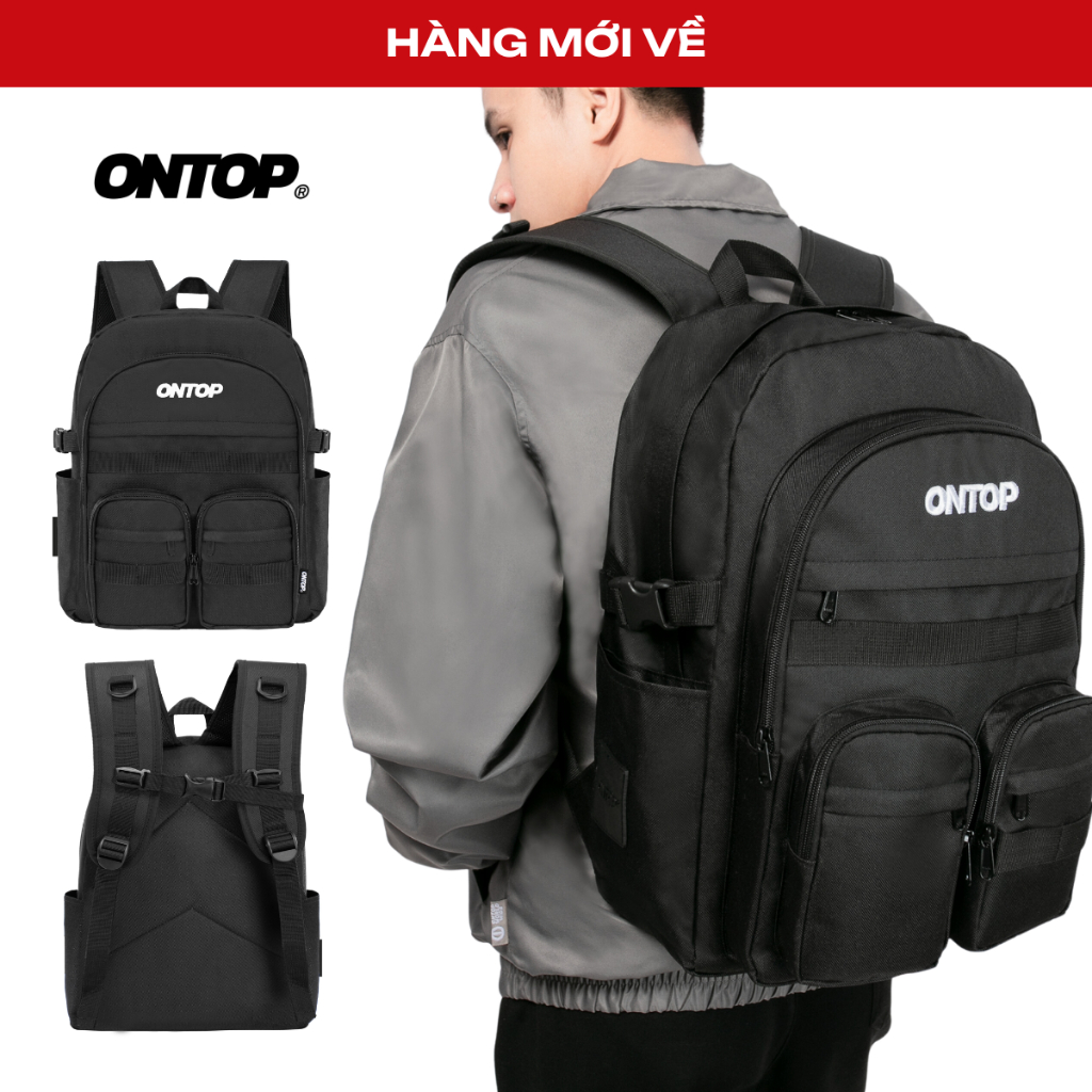 Balo local brand đen trơn vải canvas ONTOP nhiều ngăn, đựng laptop 15.6 inches Adventure Backpack | O-P52