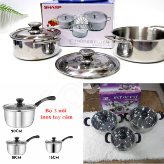 [FREESHIP] BỘ 3 NỒI INOX - QUAI ĐEN - TAY CẦM MẶT KÍNH NHÀ BẾP