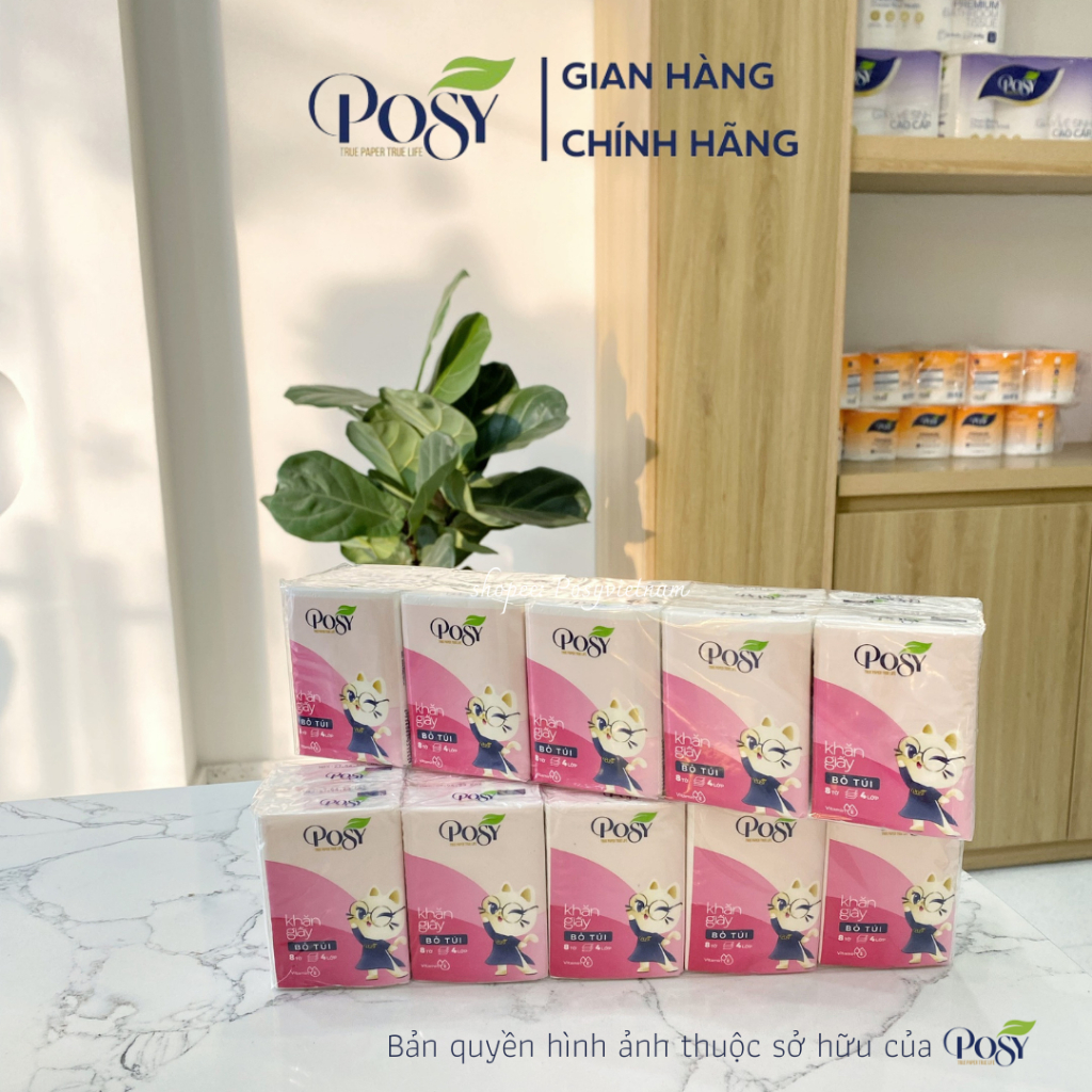 Khăn giấy bỏ túi cao cấp POSY - 4 lớp bền dai, nhỏ gọn, tiện dụng, chịu nước (Lốc 10 gói)