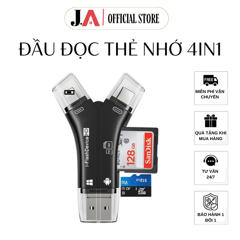 Đầu Đọc Thẻ Nhớ Đa Năng 4 Trong 1 NK-908 IOS, Type C, Micro,Cổng USB SD, Mac, Android (JA OFFICIAL)