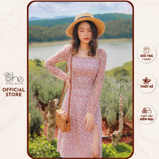 Váy hoa nhí voan cổ vuông tay dài du lịch She, đầm nữ dáng A xẻ tà thiết kế đẹp đi Đà Lạt SDX92