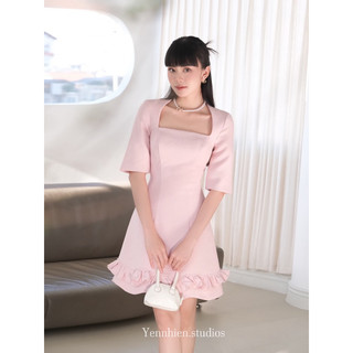 Váy baby pink chi tiết bèo nhún linen gân yennhien.studios