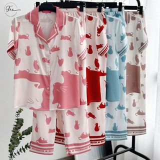 Bộ mặc nhà Pyjama lụa TEA tay cộc quần dài họa tiết mèo to