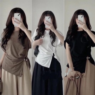 Thời Trang Nữ Áo Thun Nữ Cổ Tròn Xoắn Eo Vòng Kim Loại Dây Rút Tăm Bigsize 50-95Kg