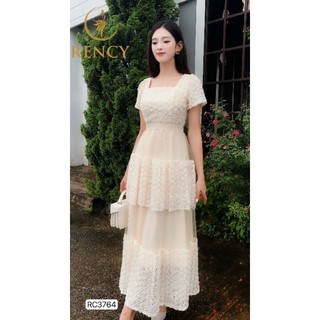 V3764 Váy ren hoa nổi phối lưới cổ vuông thiết kế sang trọng