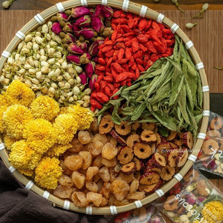 Trà Dưỡng Nhan 7 Vị (Gồm: Hoa Cúc; Nụ Hoa Hồng; Long Nhãn; Kỷ Tử; Táo Đỏ, Cỏ ngọt, Hoa nhài)