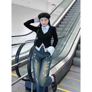 Áo sơ mi nữ phối cardigan tăm nhung tay dài dáng ngắn chất vải sơ mi kẻ + tăm nhung phong cách hàn quốc