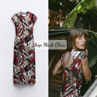 (Sẵn) Váy midi hoạ tiết khoét lưng Zaraa auth canh sale