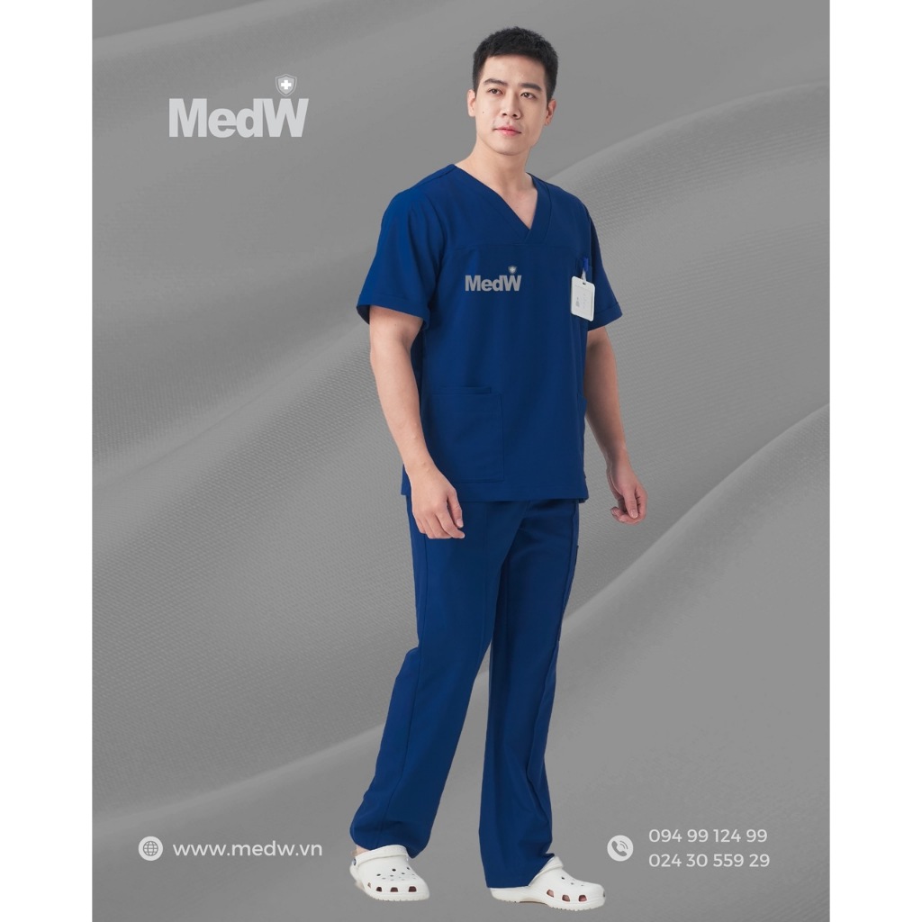 MedW Scrubs (Nam ) Xanh Caribbean Bộ Trang Phục Y Tế Phòng khám bênhh viện thần mỹ spa Mềm Êm Như Lụa, Xếp ly dáng