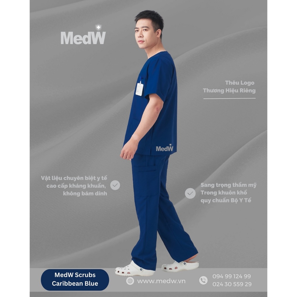 MedW Scrubs (Nam ) Xanh Caribbean Bộ Trang Phục Y Tế Phòng khám bênhh viện thần mỹ spa Mềm Êm Như Lụa, Xếp ly dáng