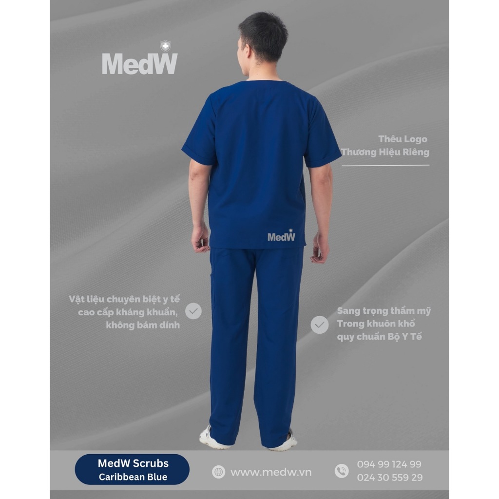 MedW Scrubs (Nam ) Xanh Caribbean Bộ Trang Phục Y Tế Phòng khám bênhh viện thần mỹ spa Mềm Êm Như Lụa, Xếp ly dáng