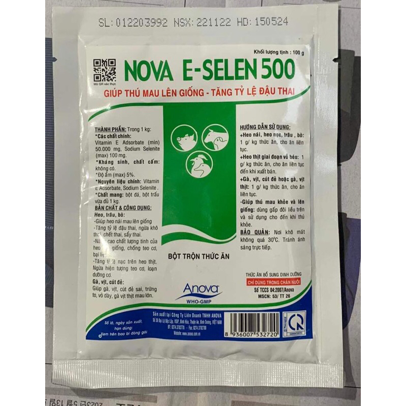 Bột hoà tan Nova E-Selen 500 giúp thú mau lên giống-tăng tỉ lệ đậu thai cho vật nuôi gói 100g