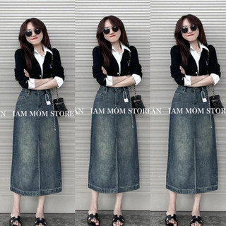 Chân váy jean midi xẻ trước ảnh thật