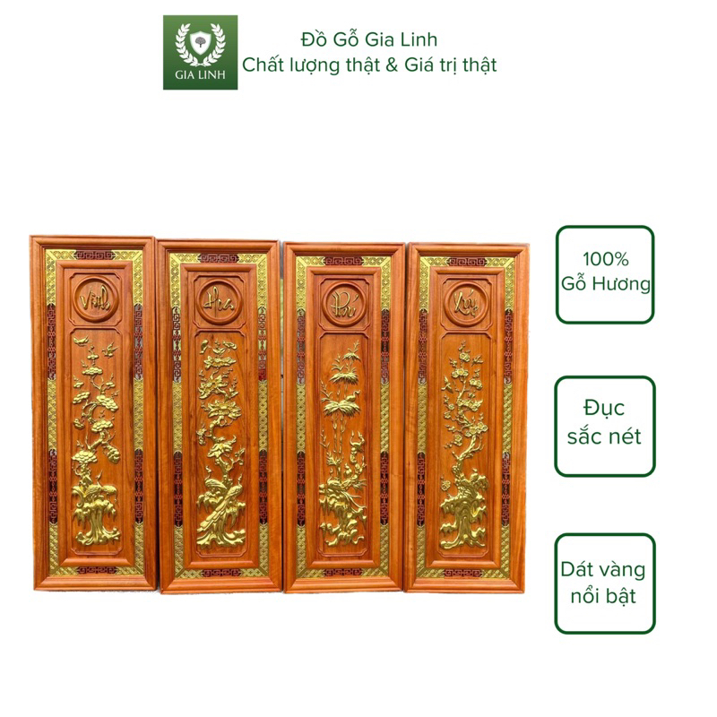 Bộ tranh tứ quý Vinh Hoa Phú Quý Đồ Gỗ Gia Linh Gỗ Hương Đỏ KT 107cm x 37cm