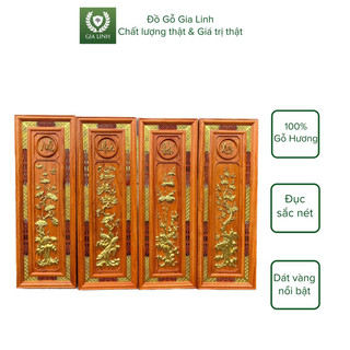 Bộ tranh tứ quý vinh hoa phú quý đồ gỗ gia linh gỗ hương đỏ kt 107cm x 37cm