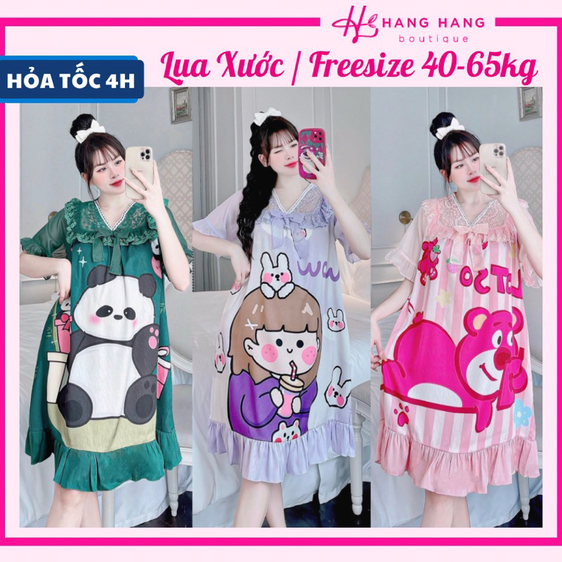 Đầm ngủ tiểu thư cổ ren đuôi cá bèo tay voan lụa xước dáng rộng dài 40-65kg, đầm váy ngủ lụa cute dễ thương bầu mặc nhà