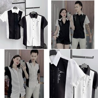 Hot Áo sơ mi cộc tay soái ca logo thêu nổi vải đũi co giãn cao cấp Áo Cộc Tay Sơ Mi Trắng Đen Phối Bảnh Bao